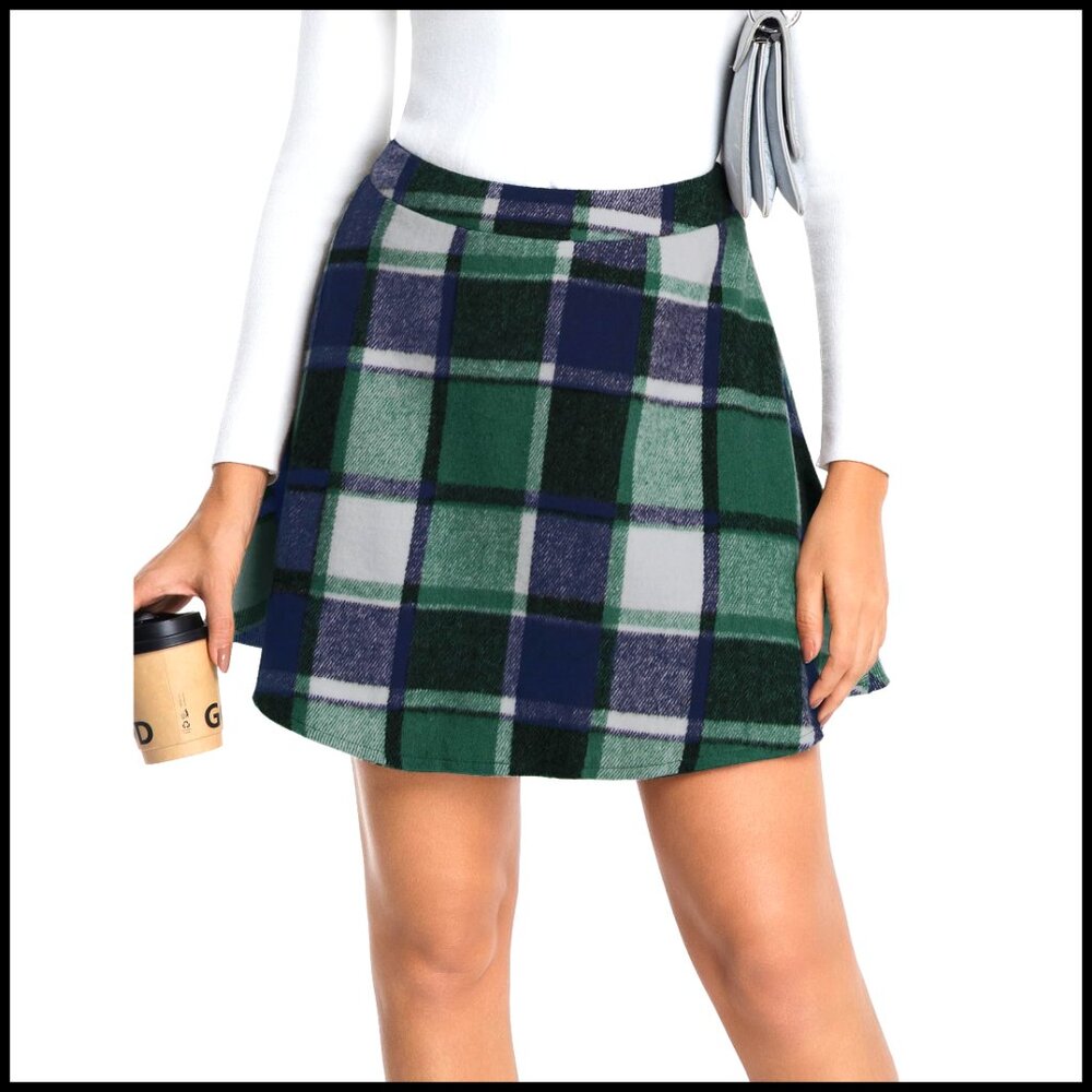 Wool Blended Plaid Mini Skirt High Waisted A Line Casual Fall Winter